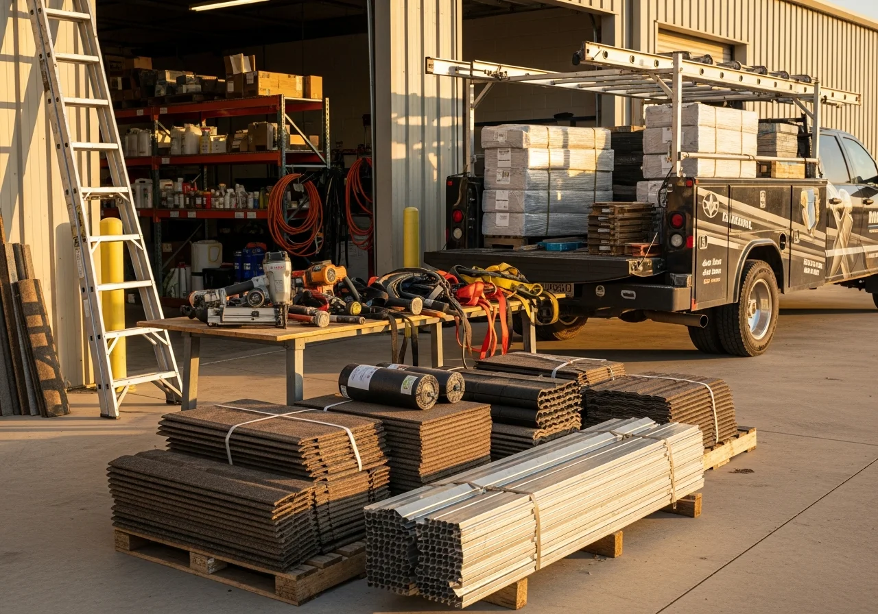 Professional roofing crew with tools and equipment ready for residential and commercial projects.