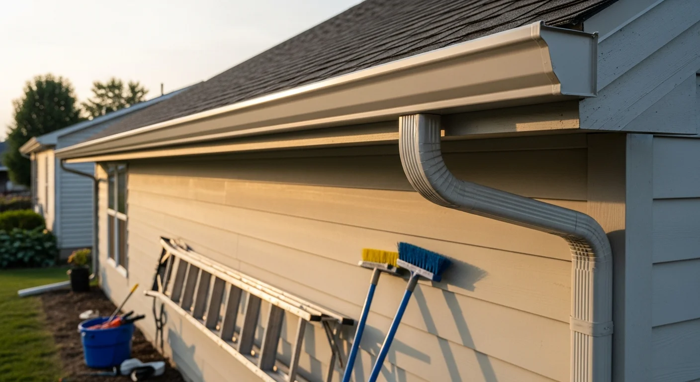 Clean gutters installed along roofline of residential home