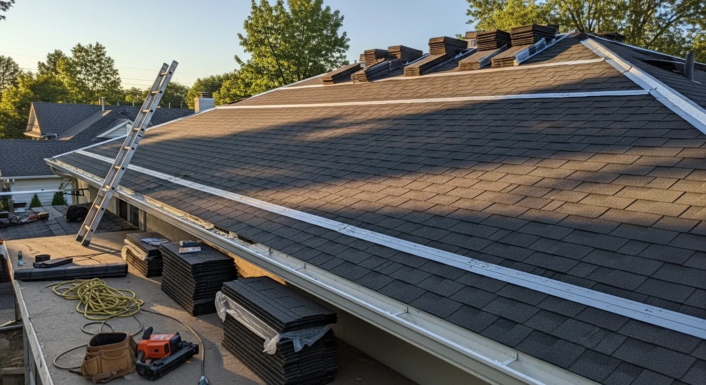 Professional roofer installing new roof shingles on residential home