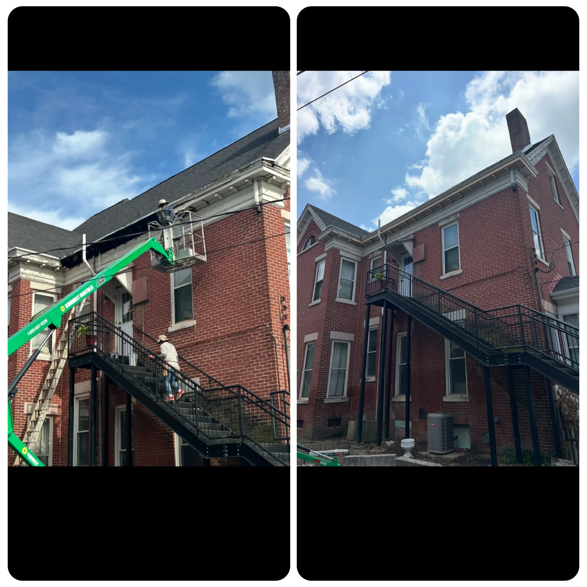 New asphalt shingle roof installed on brick residential building with pitched roofline