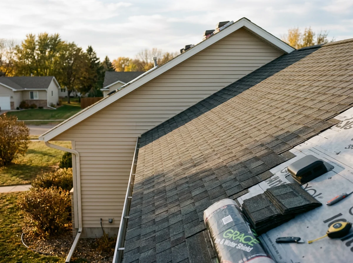 Newly installed architectural shingles on residential roof with proper ridge cap installation and ventilation