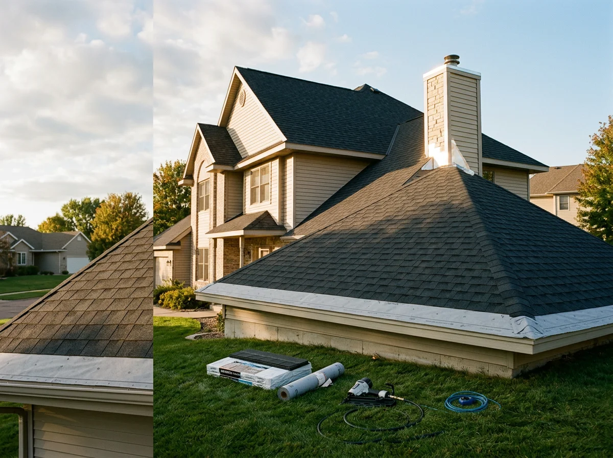 New asphalt shingle roof installation with updated flashing and ventilation components