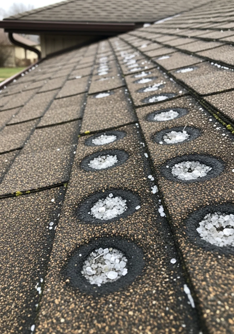 Close-up of hail-damaged asphalt roof shingles with granule loss in Nebraska
