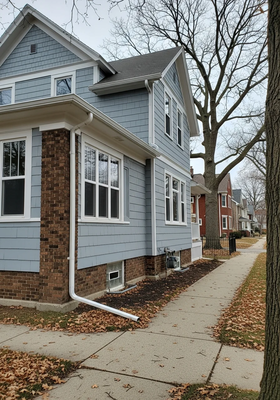 Wisconsin home exterior showing fiber cement siding and metal gutters in winter conditions