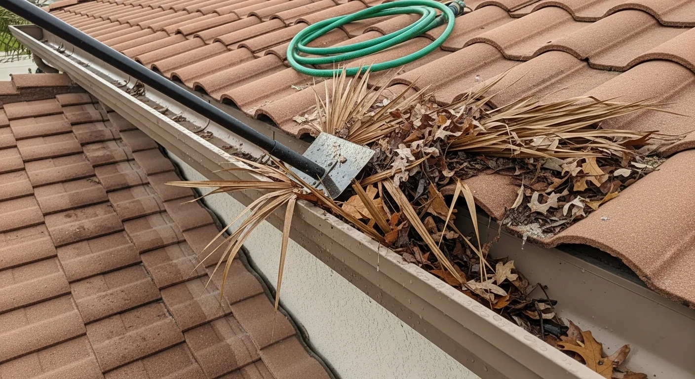 A technician from Clean Cut Roofing and Restoration removing packed palm fronds and debris from a residential gutter on a Corpus Christi home. The cleared gutter channel and flushed downspout show clean water flow restored after Gulf Coast storm season buildup.
