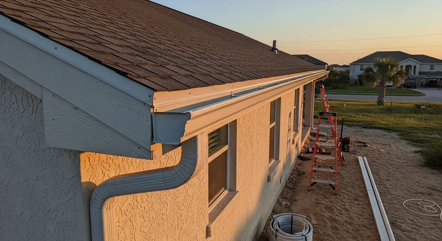 Newly installed gutters on a single-story Corpus Christi home with downspouts directed away from the foundation. The system runs along the full roofline with clean fascia attachment visible against a coastal Texas sky.