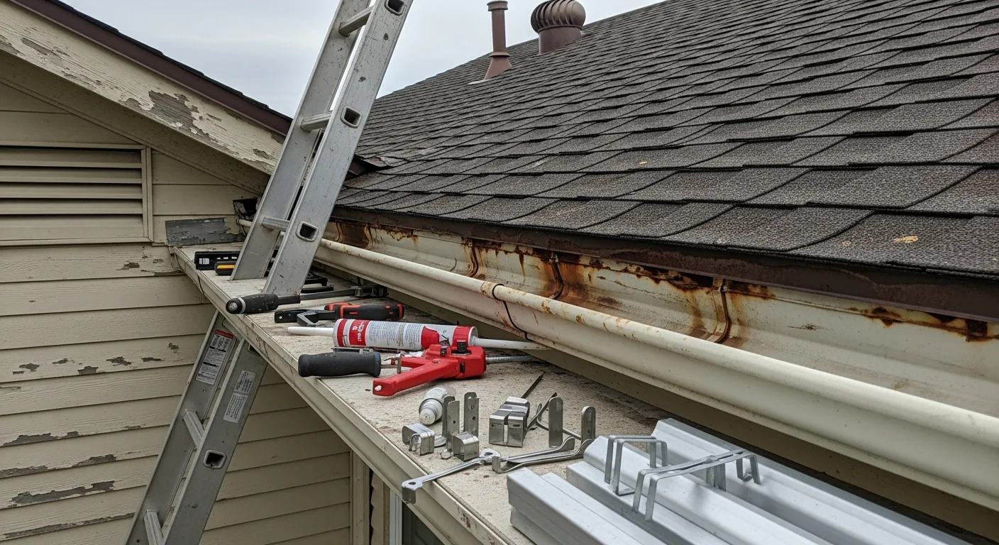 A Clean Cut Roofing and Restoration technician resealing a leaking gutter seam on a single-story Corpus Christi home with a coastal-style roofline. The repaired section shows clean, secure joints with no visible rust or separation.