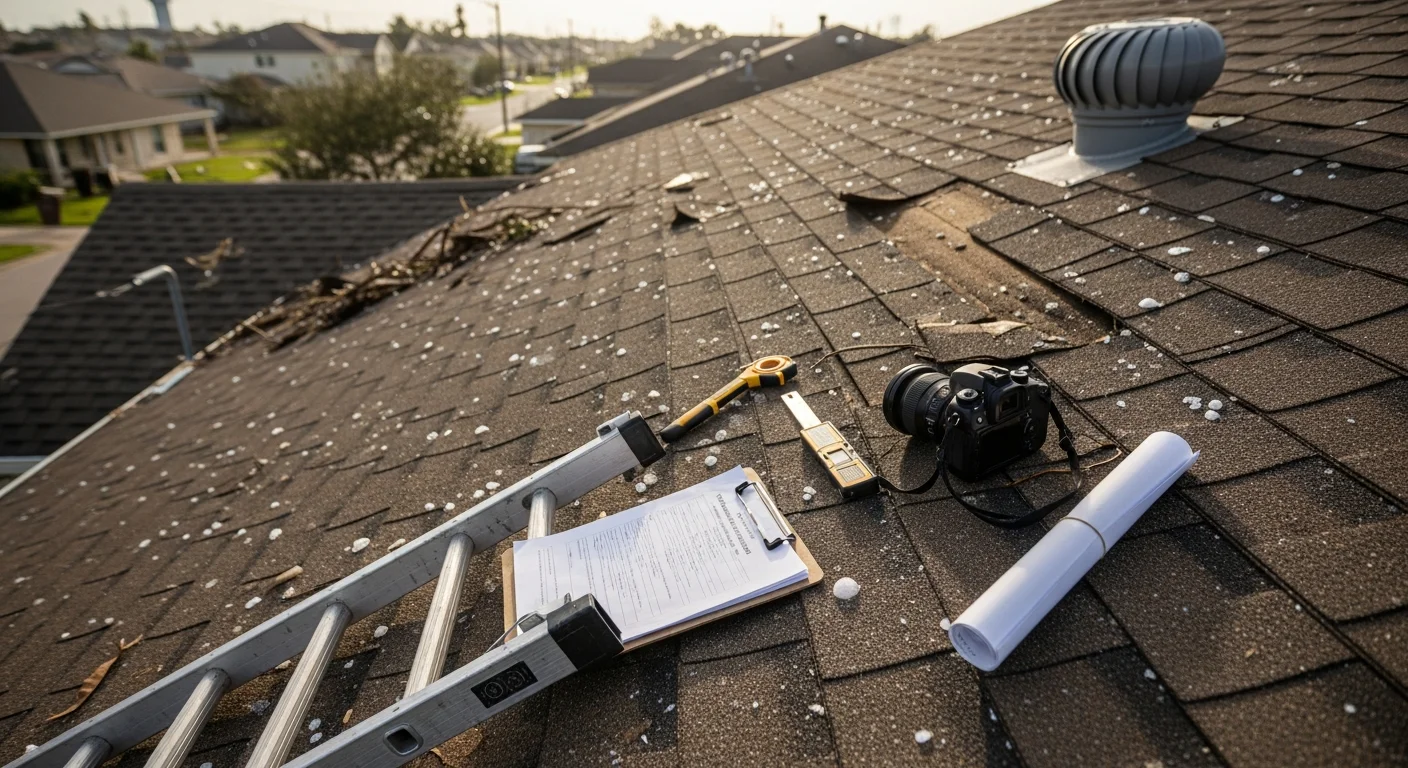 A Corpus Christi residential roof mid-restoration after storm damage, with sections of decking exposed and a roofing crew completing repairs under a clear South Texas sky. The surrounding neighborhood shows typical Gulf Coast single-family homes with low-pitched rooflines.