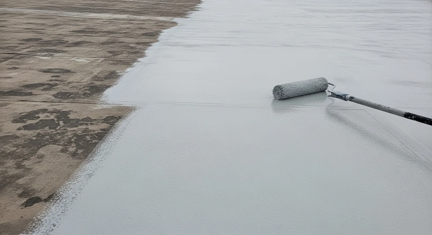 A Corpus Christi rooftop with a freshly applied white reflective roof coating covering a flat commercial roof surface. The seamless coating extends across the entire field of the roof with no visible seams or cracks.