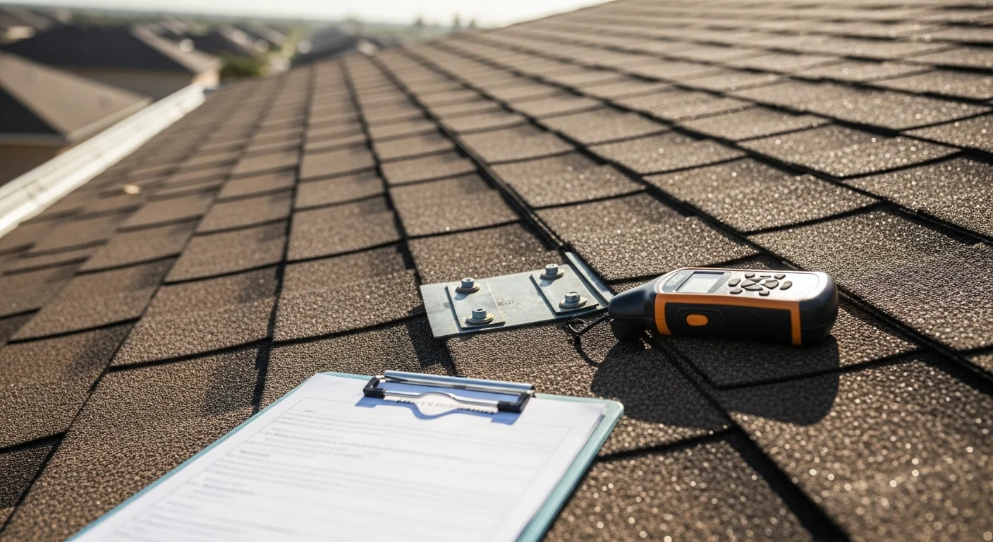 A roofing contractor inspecting shingles and flashing on a residential roof in Corpus Christi, Texas, with the coastal sky visible in the background. Close-up view shows a professional documenting roof condition during a routine maintenance inspection.