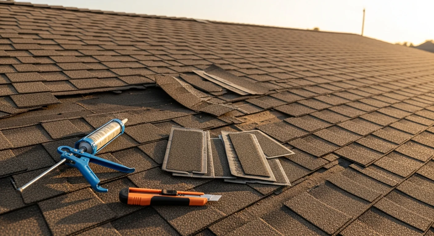 A roofing contractor repairing wind-damaged shingles and flashing on a residential home in Corpus Christi, Texas. The repair work shows replaced shingles and resealed flashing on a Gulf Coast home after storm damage.