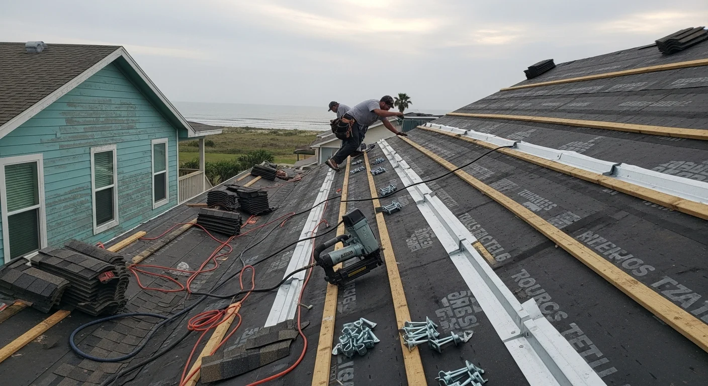 A completed residential roof replacement on a single-story Corpus Christi home, showing new shingles, sealed ridge cap, and finished flashing along the roofline. The coastal neighborhood setting and clear South Texas sky are visible in the background.