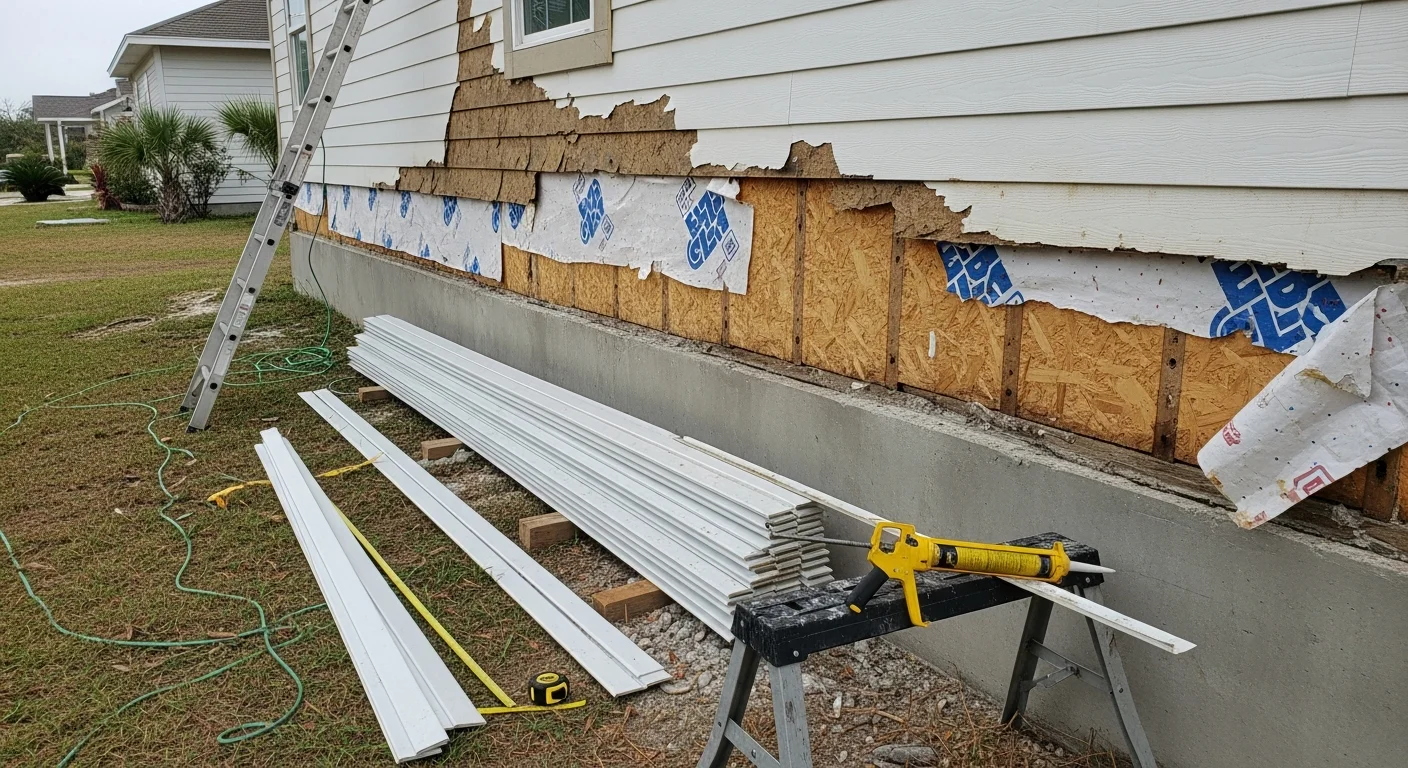A Corpus Christi home exterior showing freshly repaired siding panels with color-matched sections blending into the surrounding wall. A Clean Cut Roofing and Restoration crew member inspects the finished repair on a coastal residential property.