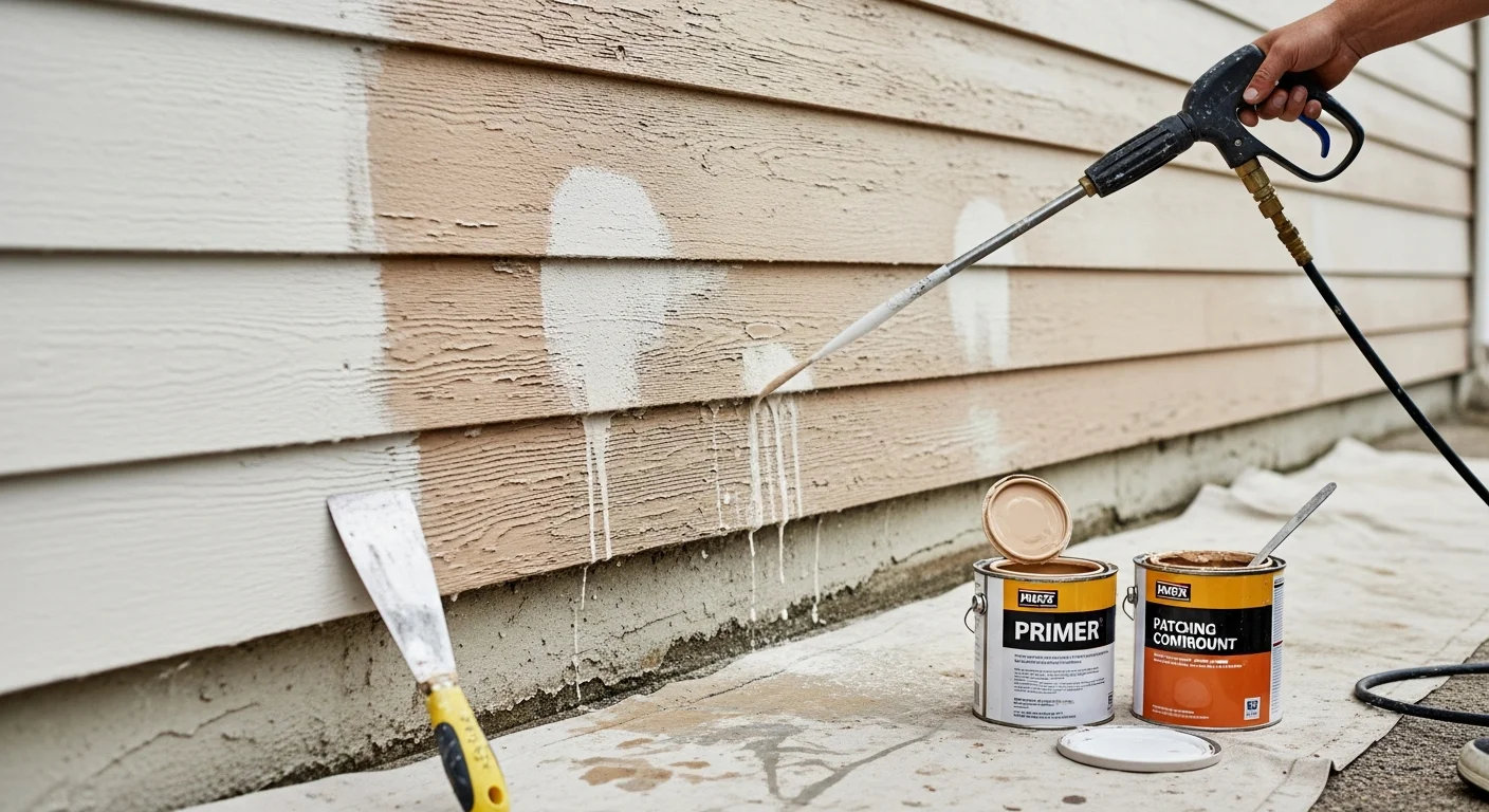 A Corpus Christi home exterior with freshly primed siding showing smooth, even coverage over repaired and cleaned wall sections. A painter applies primer to a patched area near a window frame on a coastal residential property.